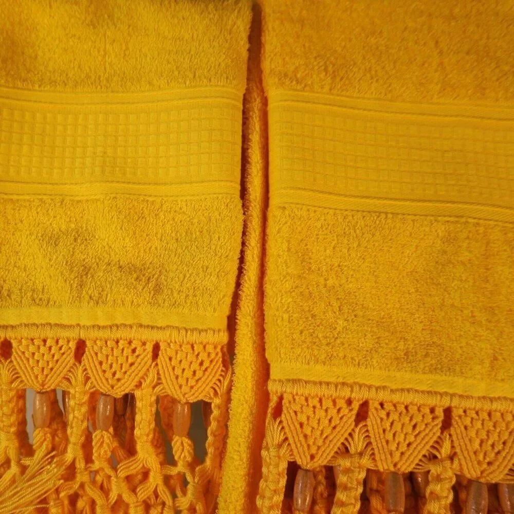 Karisma Bath Towel And Hand Towel Set Yellow Macrame Fringed Tassel Beads